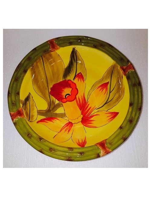 Piatto fondo in ceramica  giallo con contorno verde con fiore
