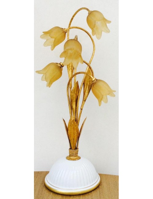 Campostrini & Trallori Lampada con tulipani giallo oro, steli e fioglia oro e base in porcellana bianca, H 58 Cm. 